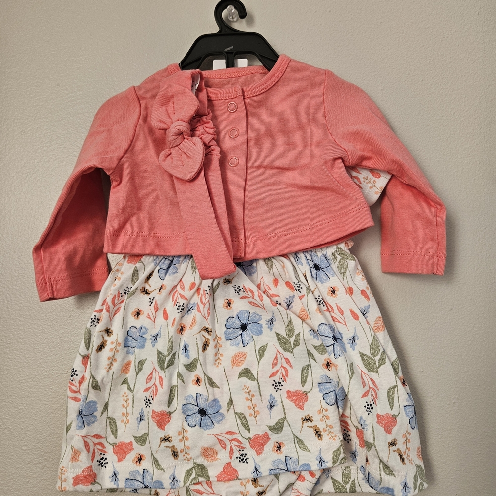 Floral Pink and White Kids Dress With Cardigan Top.